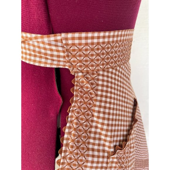 Vintage Brown Gingham Checked Smocked Embroidered Half Apron - Picture 6 of 8